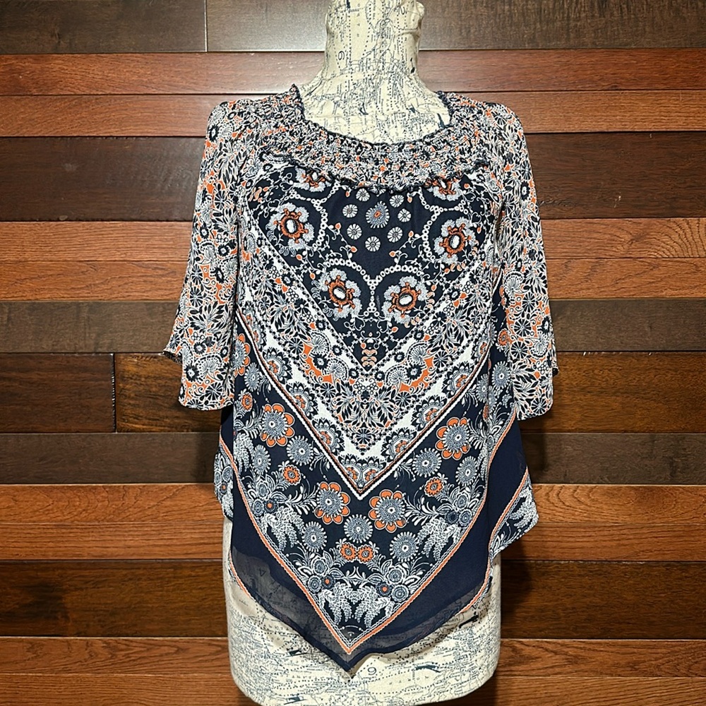 Westport Square Neck 3/4 Sleeve Navy Blue and Orange Paisley Print Blouse